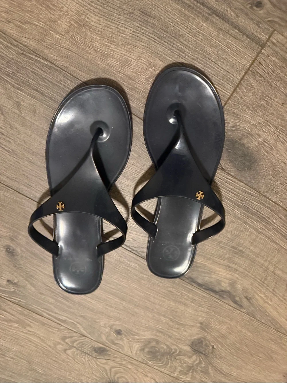 Tory Burch Navy Jelly Logo Thong Sandals with Gold Emblem